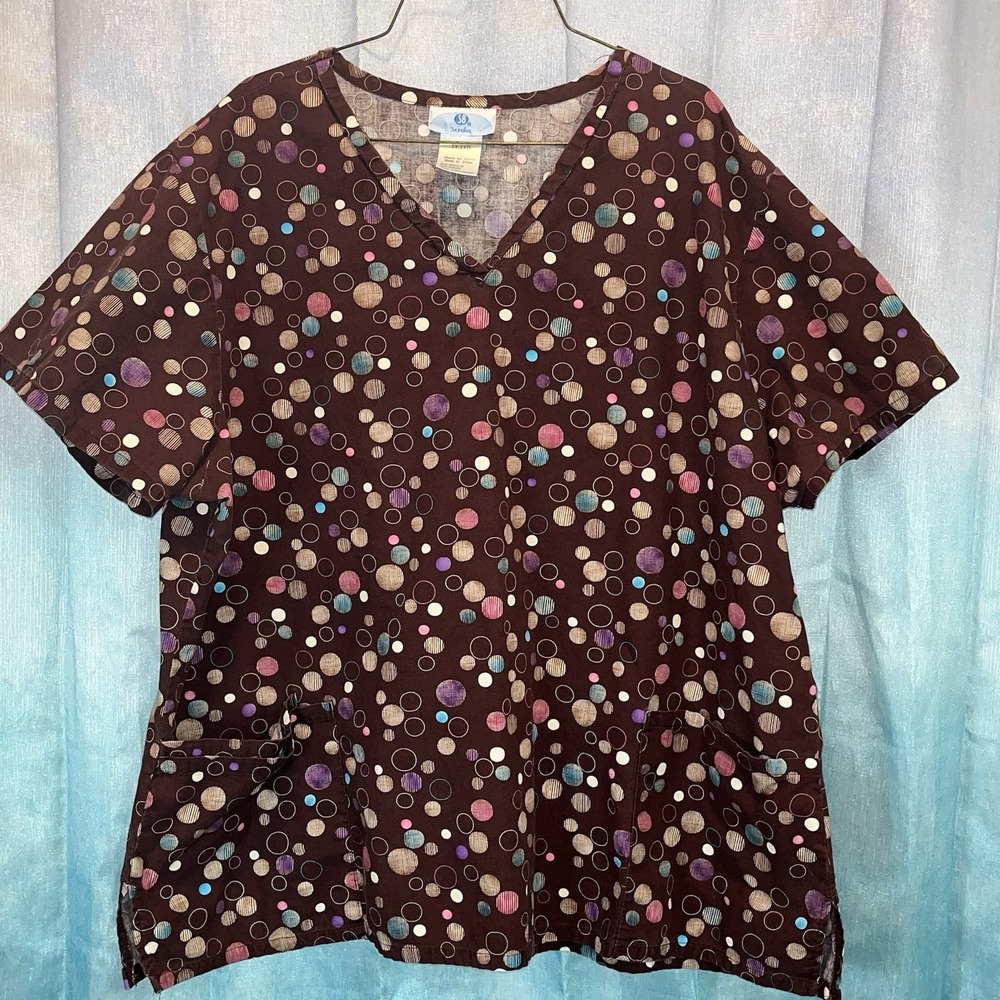 SB Scrubs Women's Brown Colorful Polka dots Medical Scrub Top Uniform Size 2X
